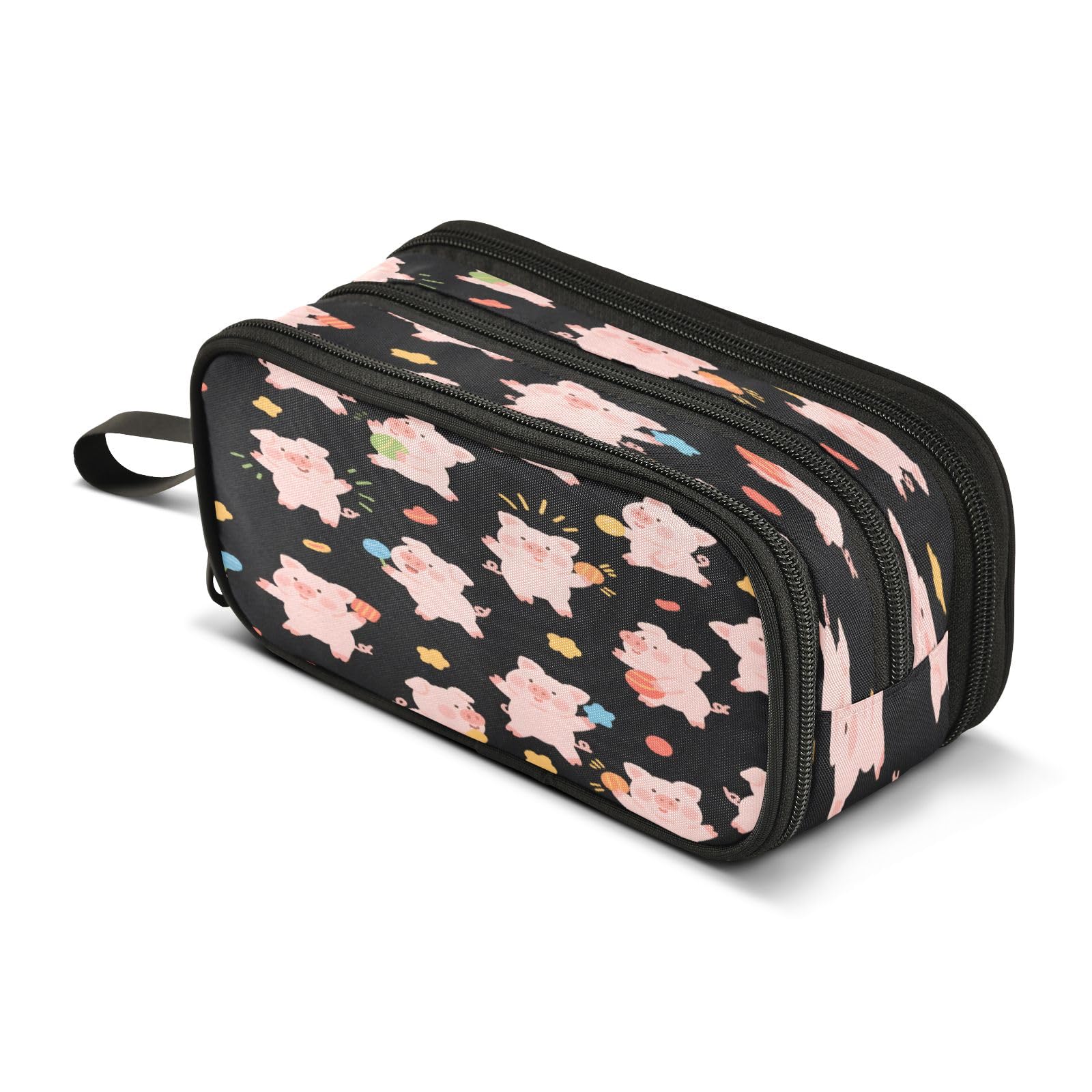 Cute Pig Play Pattern Pencil Case 3 Compartment Pen Bag Pouch Holder Box School Portable Stationery Storage Bag for Girls Boys — image 1