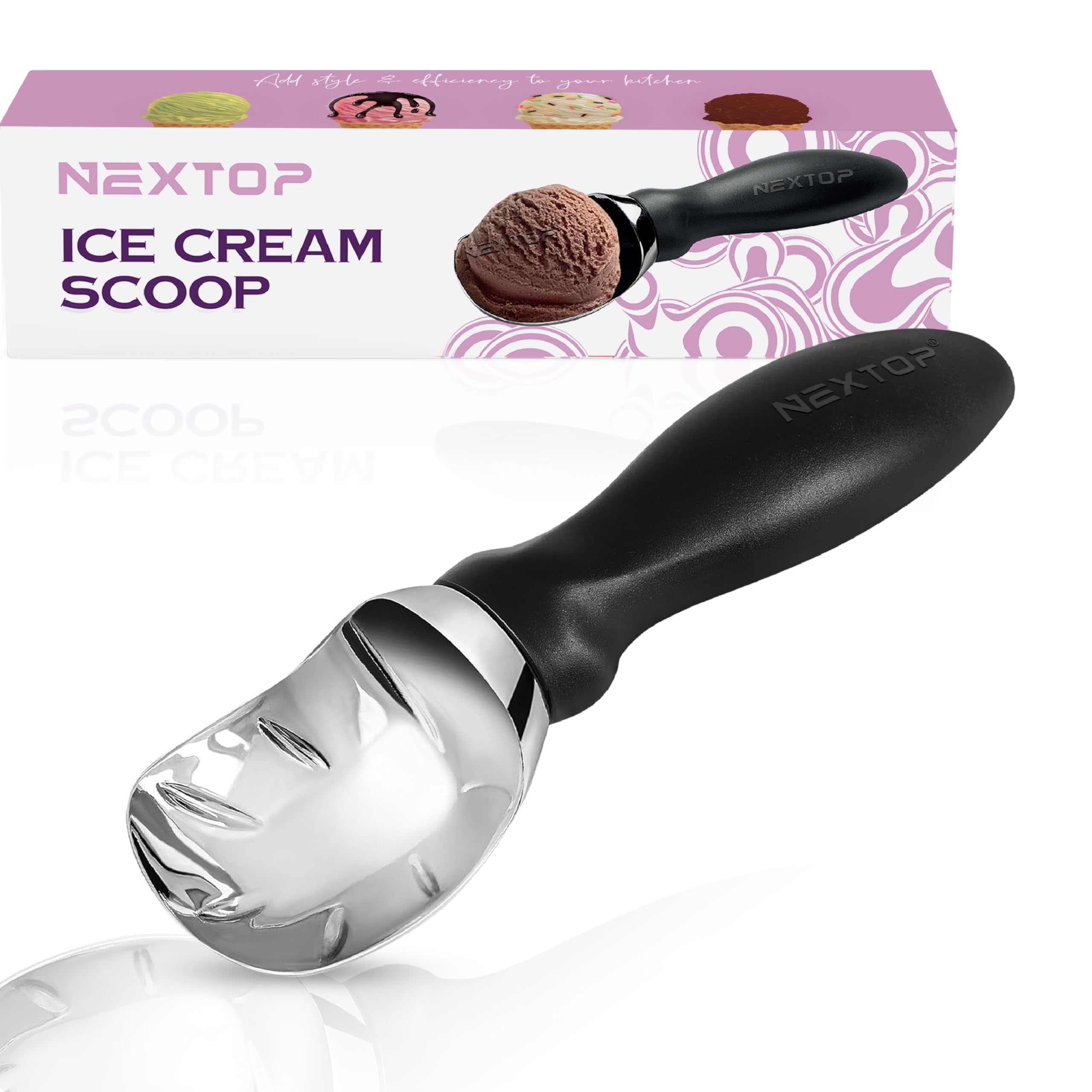 Nextop Cuchara de helado con mango cómodo, cuchara ergonómica, cucharas redondas de metal perfectas y duraderas, ideales para helado, sorbete, gelatina, perfecto para uso doméstico, esencial de cocina