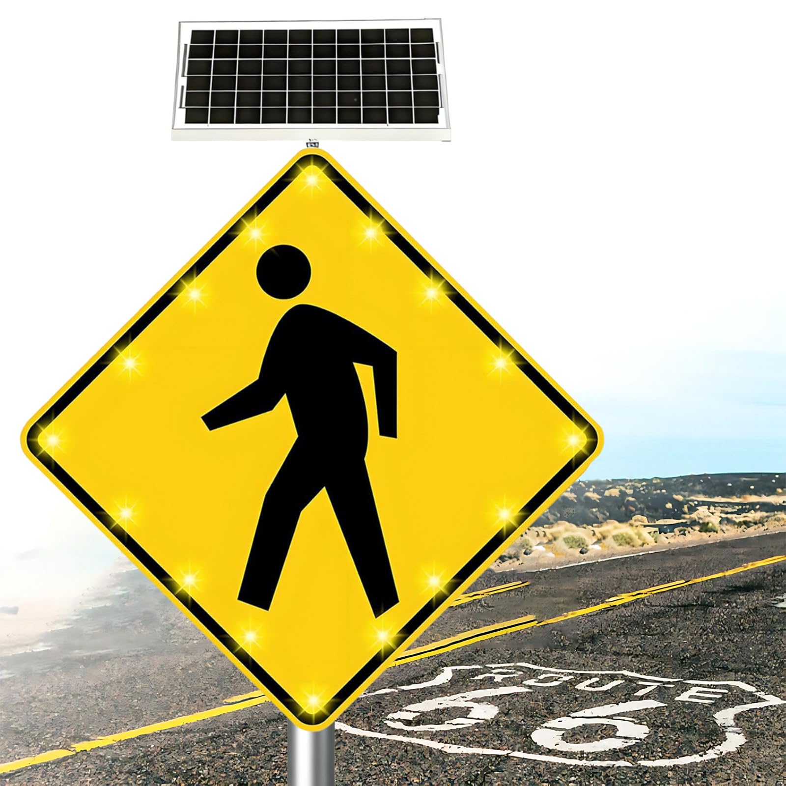 Weicne Multicolor 24"/30" Solar Pedestrian Crossing Sign Flashing,Street Traffic Warning Sign With Solar Powered, Aluminum Ip65 Weatherproof Crosswalk Signs For Urban Road, School 24In(61Cm)