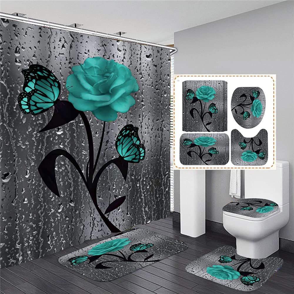 Set Bagno 4 Pezzi Con Tenda Doccia Impermeabile, Stampa Fiori Viola, Tappeto E Copriwater