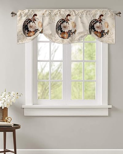 Fall Pumpkin Floral Tie Up Valance for Kitchen Windows, Adjustable Window Valance Kitchen Curtains Window Short Curtain for Living Room, Abstract