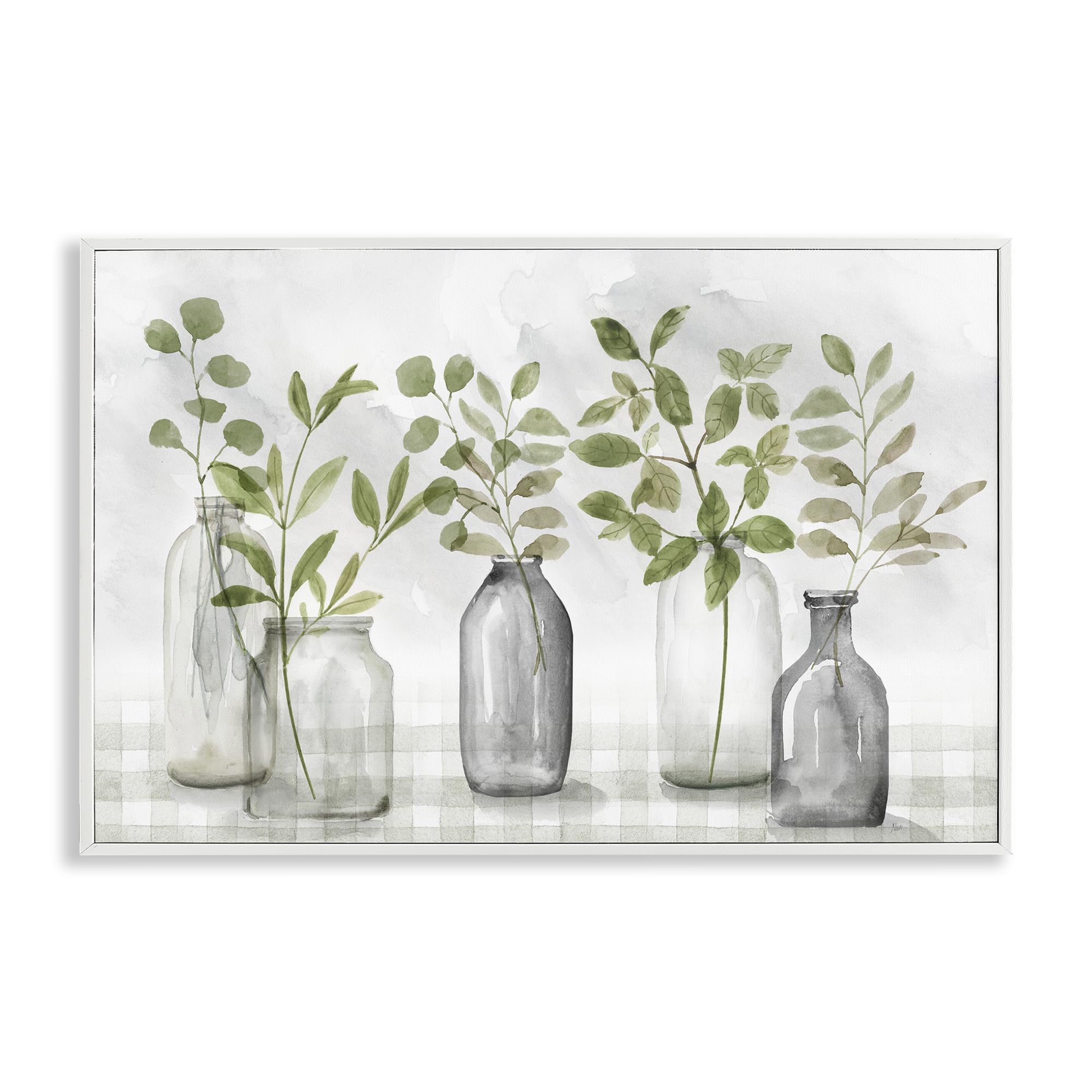 Stupell Industries Coastal White (Textured) 'Greenery Leaves In Vases'| Framed Giclee Art