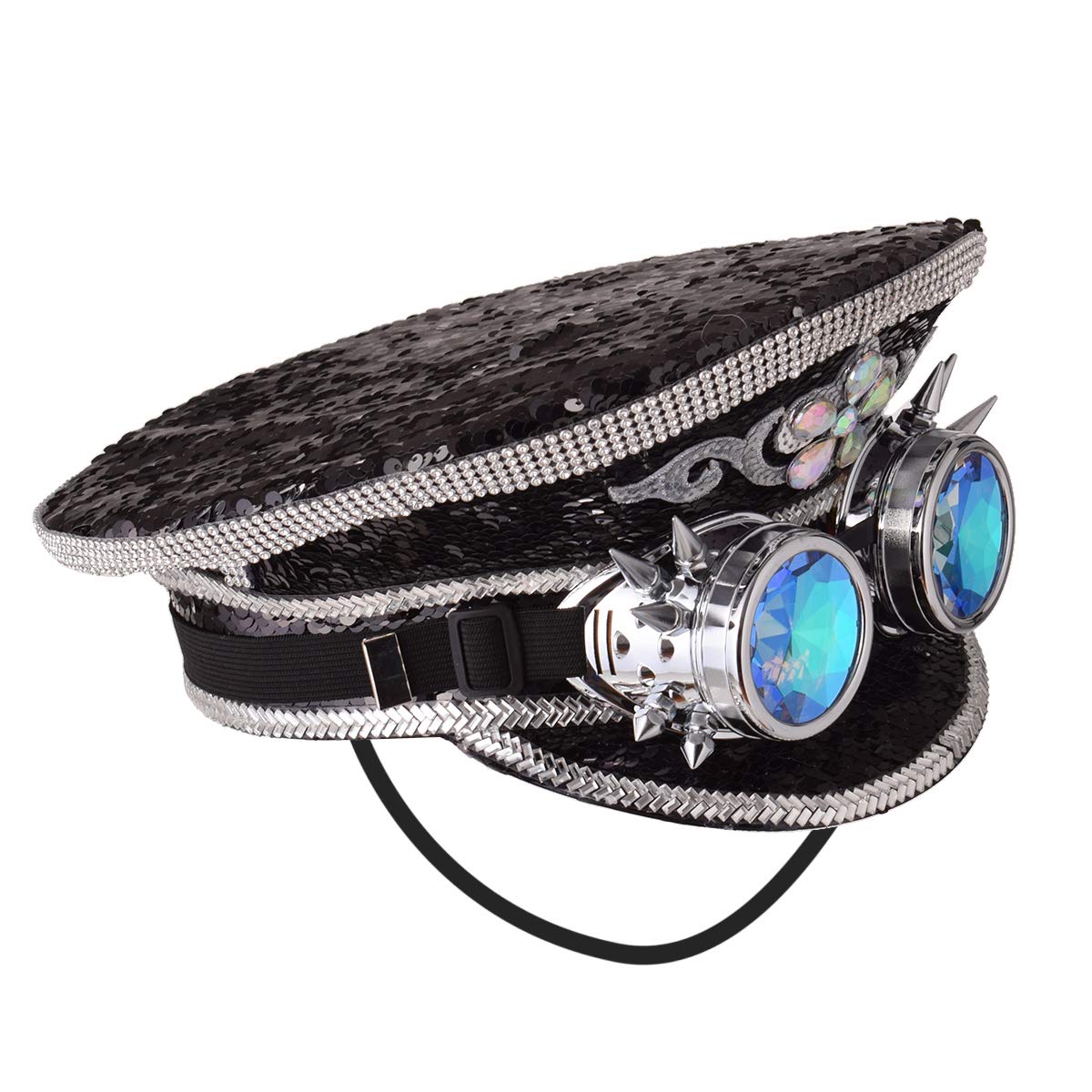Unisex Sequin Military Captain Hats with Goggles Steampunk Burning Man Top Hat Festival Halloween Cosplay Costume Caps (Black) - Image 2