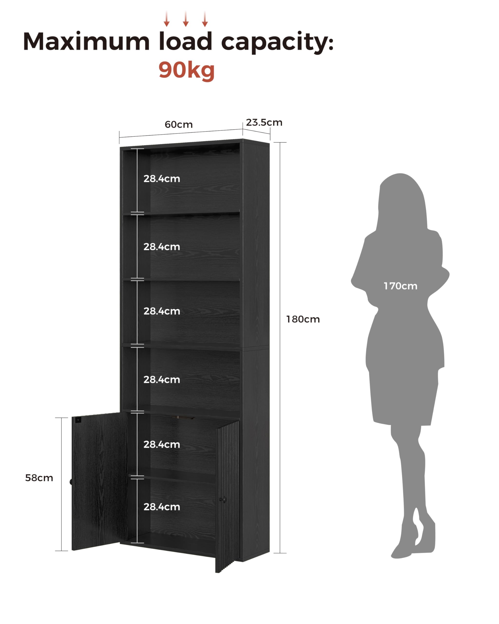 IRONCK Bücherregal mit Türen, Standregal mit 6 Ebenen, Holz Regal mit Türen, Bücherschrank, offenes Aufbewahrungsregal für Arbeitszimmer, Büro, Wohnzimmer, Schlafzimmer 180 x 60 x 23.5cm (schwarz)