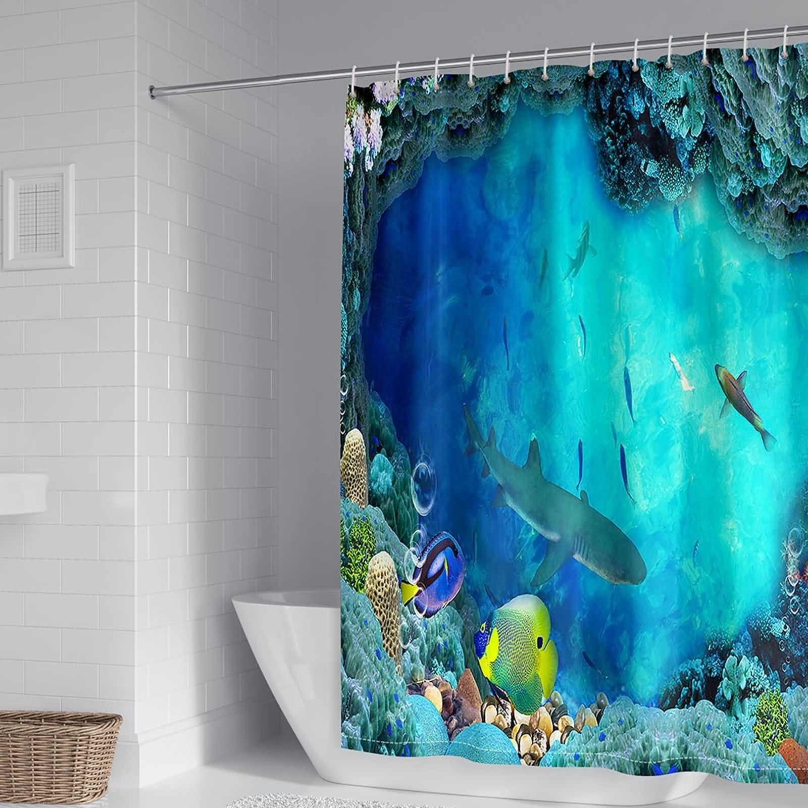 Cortina de ducha impermeable elegante, cortina de ducha única The Underwater World azul amarillo poliéster 72 x 80 pulgadas