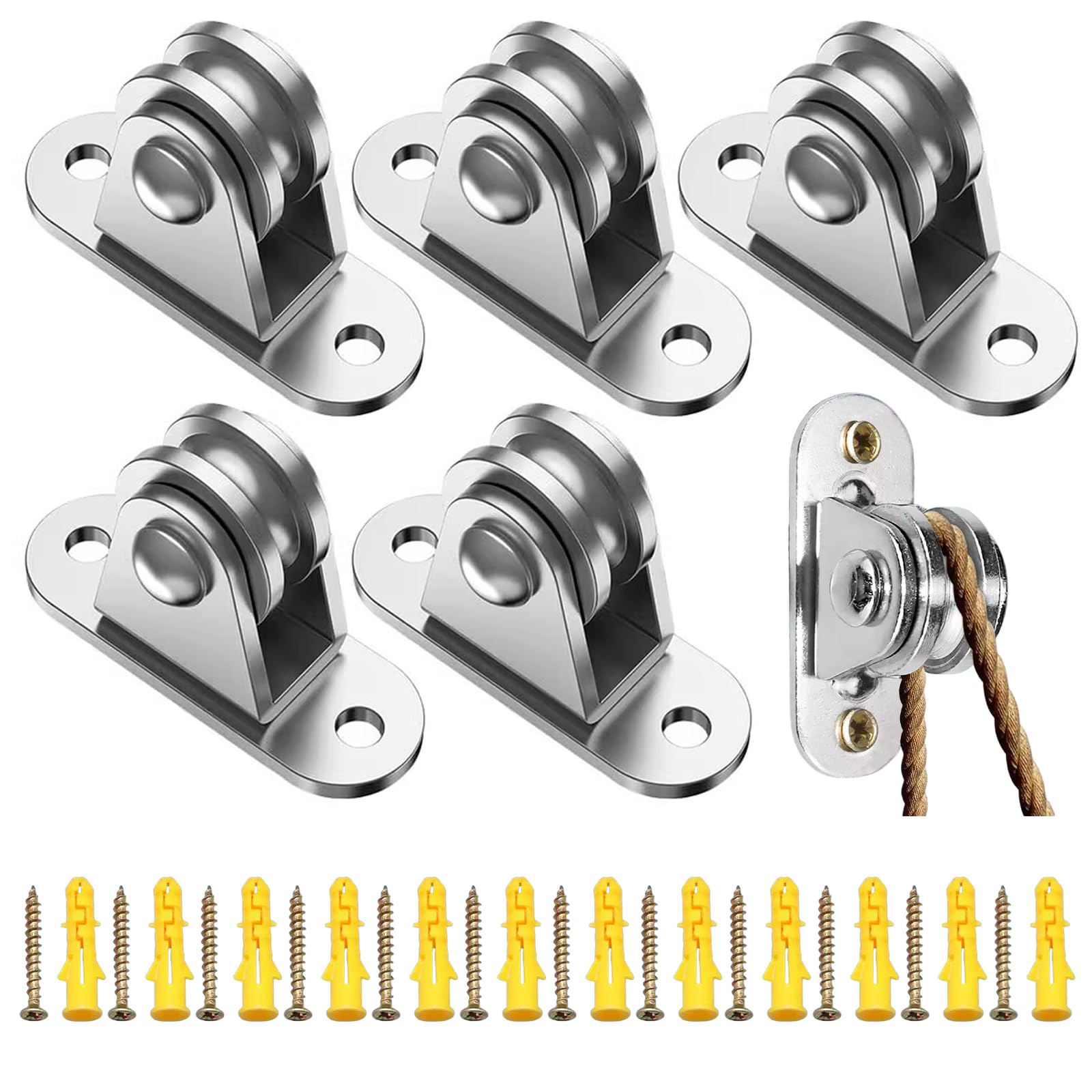 Lot de 6 Poulies en Métal 6mm - 90kg charge max‌, Petit Bloc de Poulie -12 vis inox & manchons - Pour Pare Soleil, Corde à Linge, poulies de renvoi pour cordes