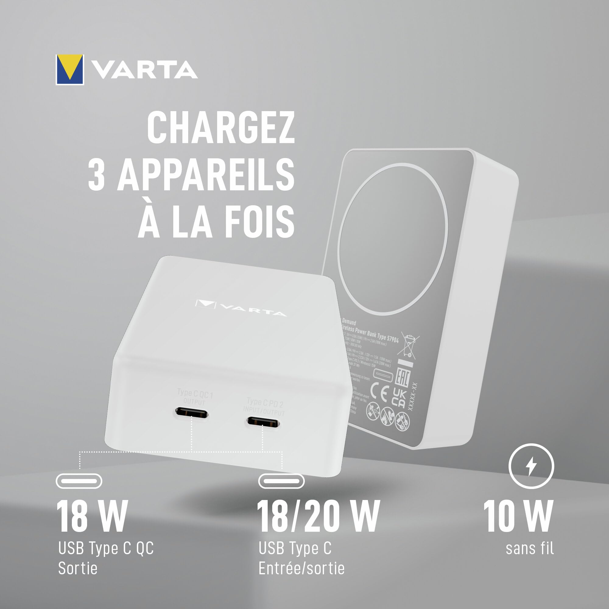 VARTA Power Bank 10000 mAh, Mag Pro, magnétique, sans Fil, Coloris Blanc
