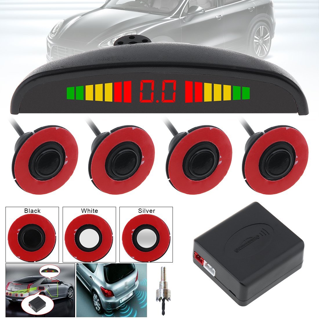 BENWEI 4PCS Sensors 16mm Original Car Flat Parking Sensor Crescent Auto Reverse Backup Radar Detector System with LED Display for Cars