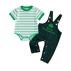 St Patricks Day Baby Boy Outfit Striped Print Short Sleeve Romper Bodysuit Overalls Pants Set Newborn Easter Outfit