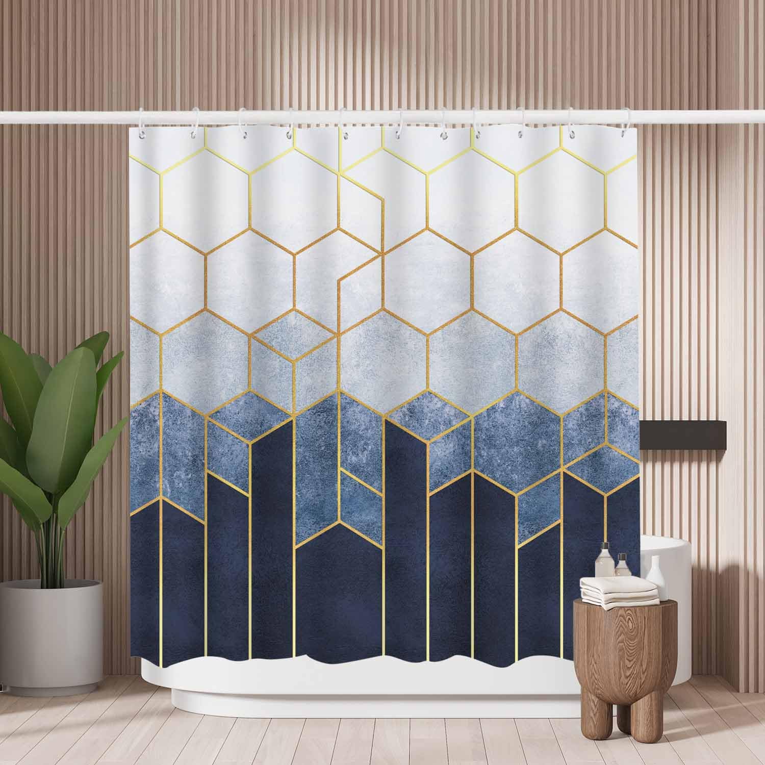 Woutay Shower Curtain Mould Proof Resistant Blue Hexagons Geometric Pattern,Water Repellant Fabric,Polyester,with 12 Plastic Hooks,Size 180x180CM