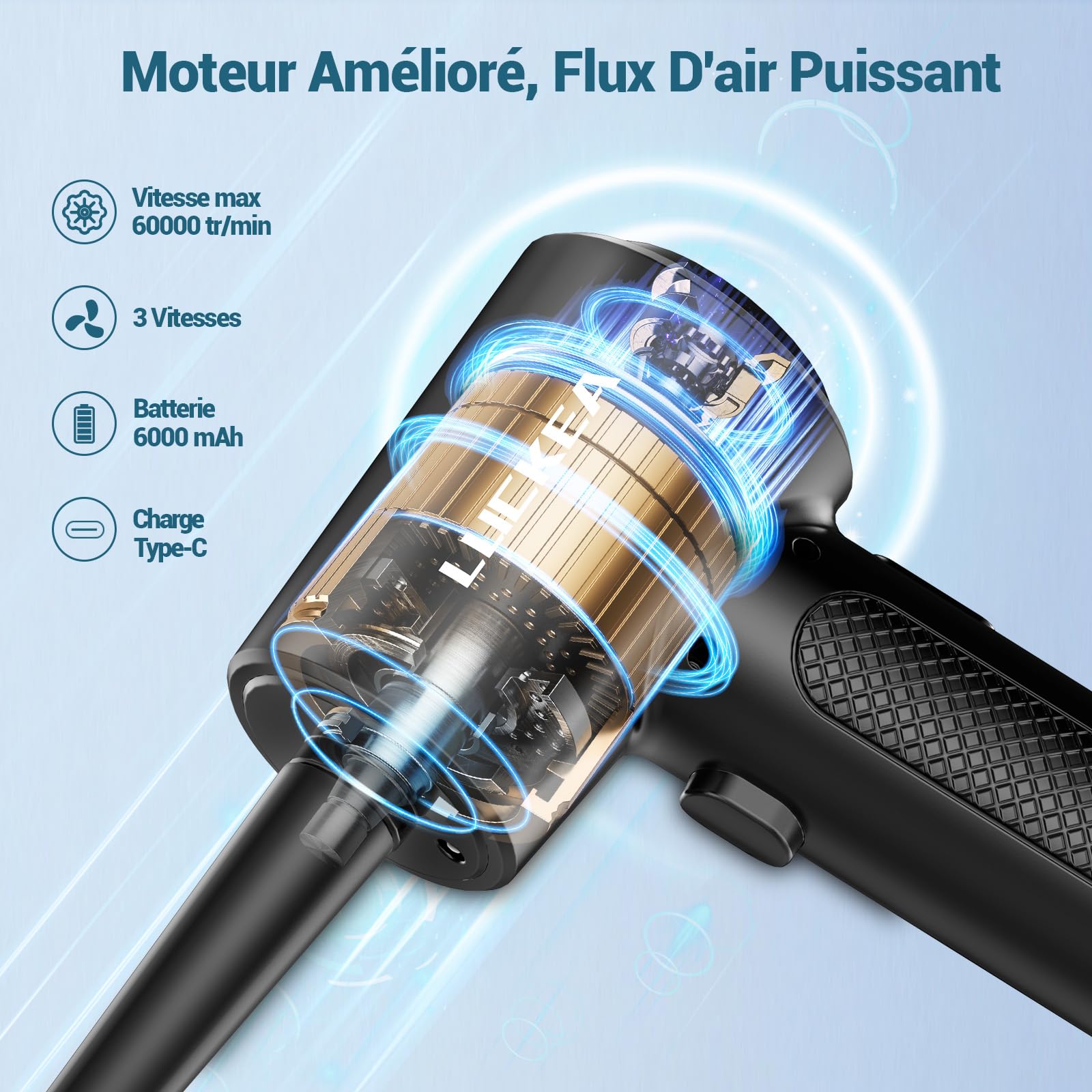 Souffleur Air Comprimé 3 Vitesses Souffleur PC - Mini Souffleur Voiture 6000 mAh Batterie avec Lumière LED, Bombe Air Sec Nettoyage PC, Air Comprimé Nettoyage Ordinateur Clavier, Air Duster