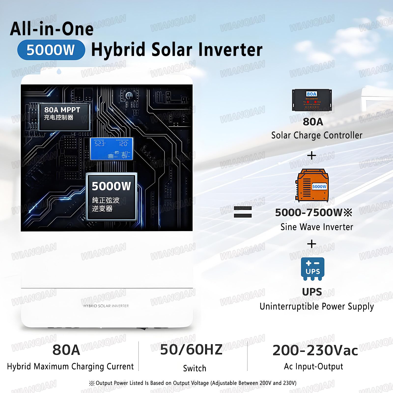 5.0KW Inversor Solar Híbrido con Cargador, Inversor Solar Híbrido Todo En Uno, Eficiencia De Seguimiento 99.5%, Funciona con 48V Litio, Soporta 9 Inversores En Paralelo, Plomo-Ácido, Etc