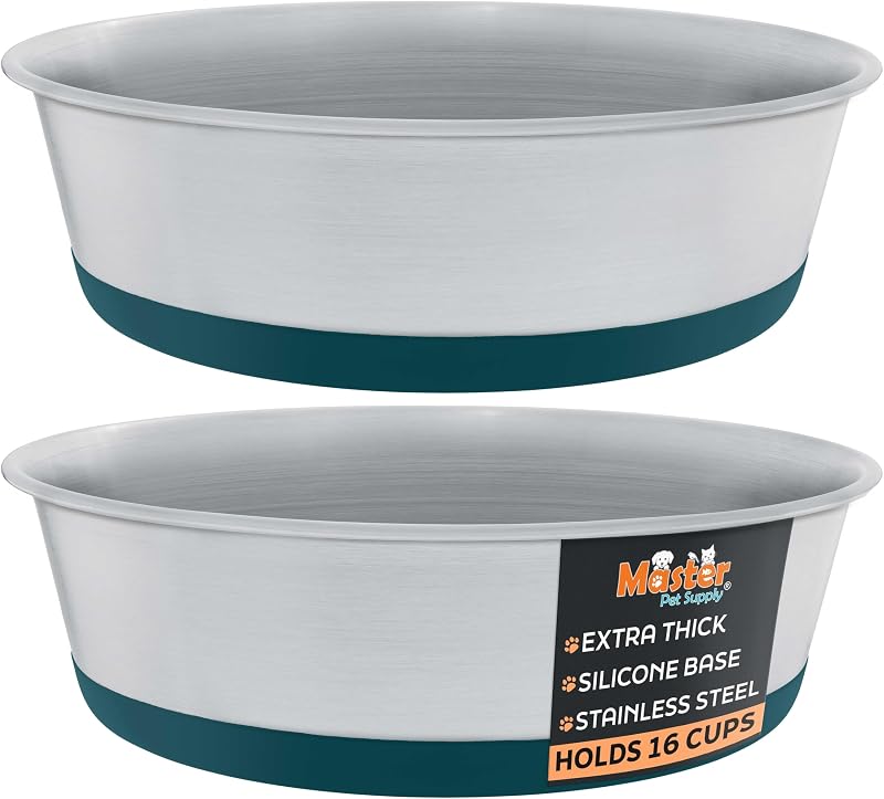 Tigelas para Cães em Aço Inoxidável com Base de Silicone Antiderrapante Master Pet Supply Emerald Sea, 16 xícaras, Pacote com 2