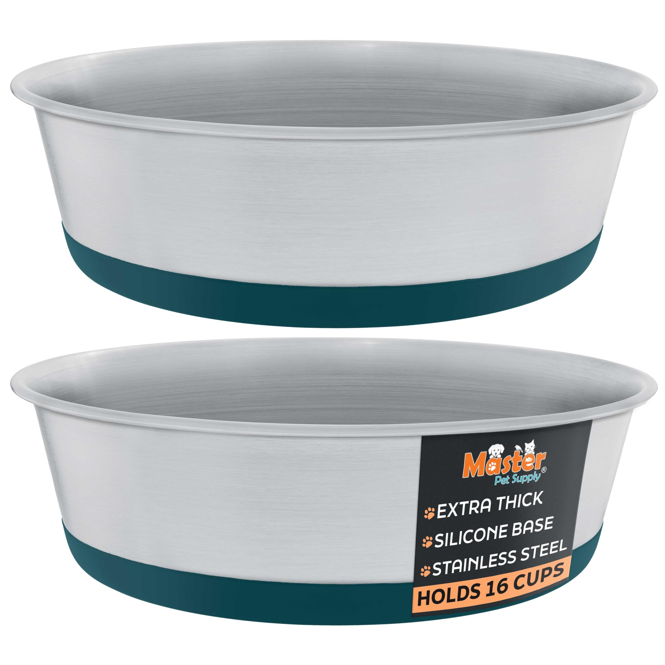 Master Pet Supply Stainless Steel Dog Bowls Set of 2 with Extra Thick Silicone Base - 16 Cup (128 oz) Emerald Sea, Non-Slip, Dishwasher Safe Metal Bowls, Pet Dog Food Bowl for Dogs, Cats, Anti Rust