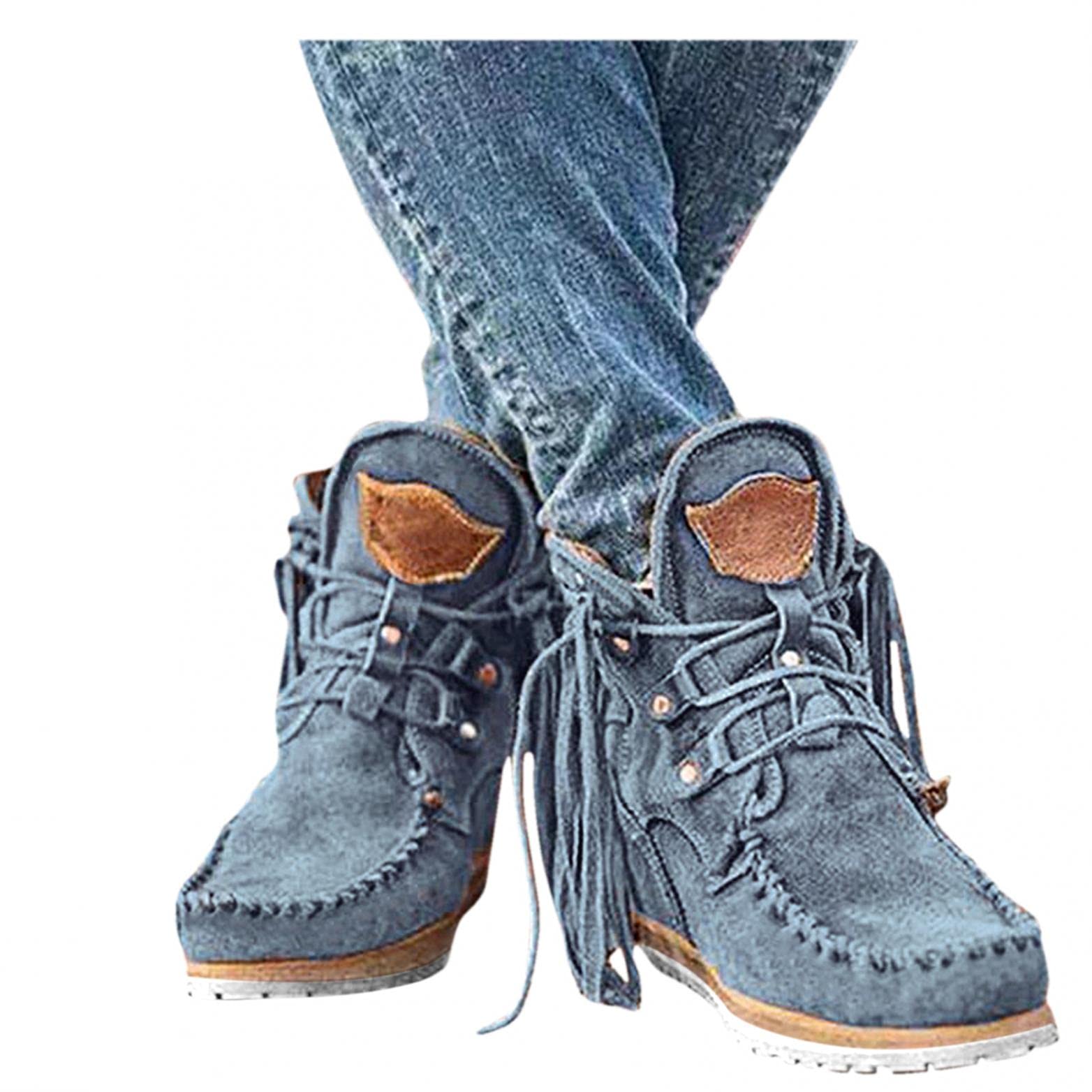 Boho Ankle Booties For Women Ladies With Fringes Ethnic Bohemian Vintage Suede Tassel Lace Up Wide Round Toe