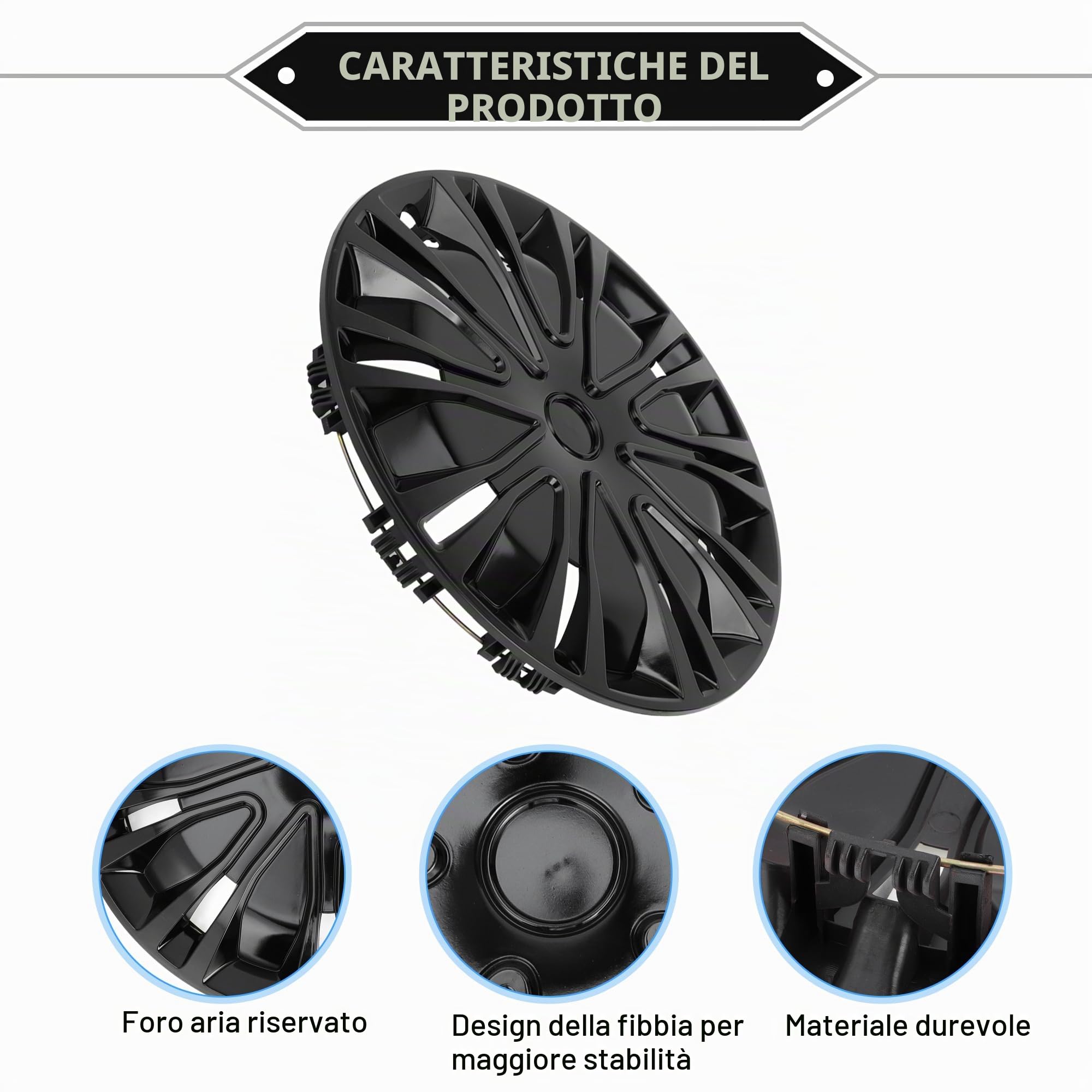 4 Pz Coprimozzo Ruota R15 Nero Universale Per Auto | Plastica Resistente, Clip-On, Per Pick-Up/SUV, Protegge Da Polvere E Sporco, Aggiunge Eleganza.