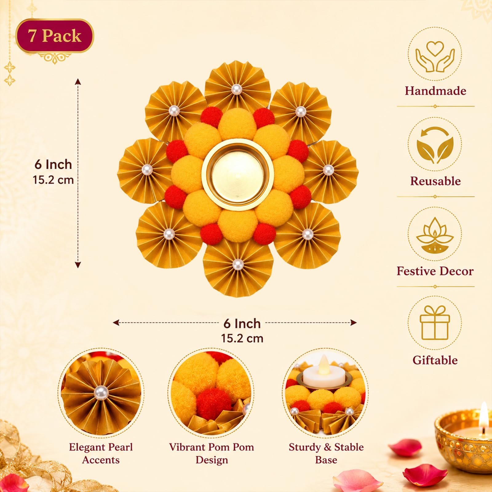 LemonRoad Confezione da 7 tappetini decorativi per Diwali Rangoli da 15,2 cm, per lumini LED, fatti a mano, decorazione per la casa, candele LED, decorazioni con pompon per regalo Pooja