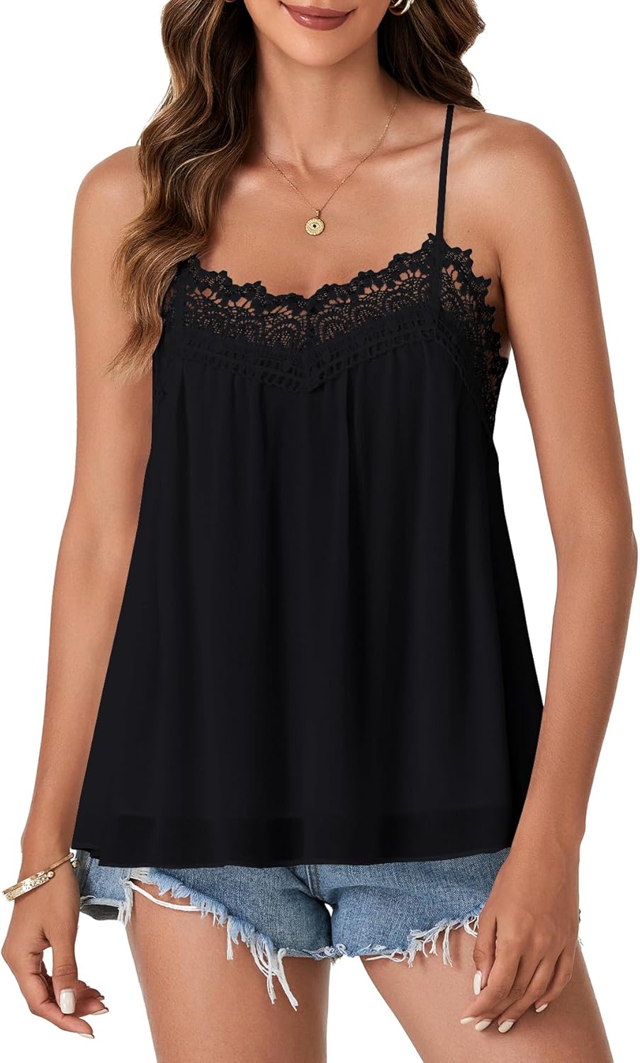 Vrtige Women's Summer Spaghetti Strap Sleeveless Lace Trim Loose Casual Flowy Cami Tank Top - Image 2