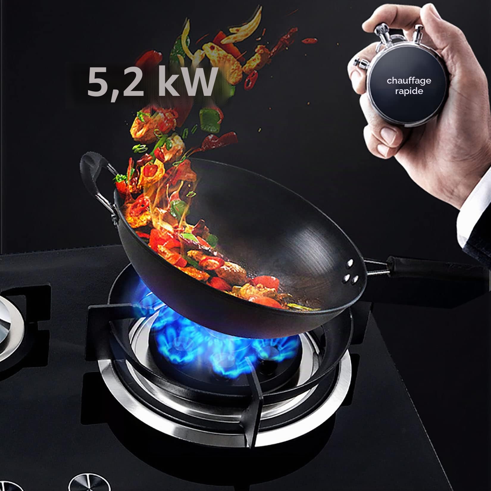 Table de Cuisson gaz à 3 brûleurs, Plaque de cuisson en verre trempé, cuisinière gaz avec protection thermocouple, facile à nettoyer