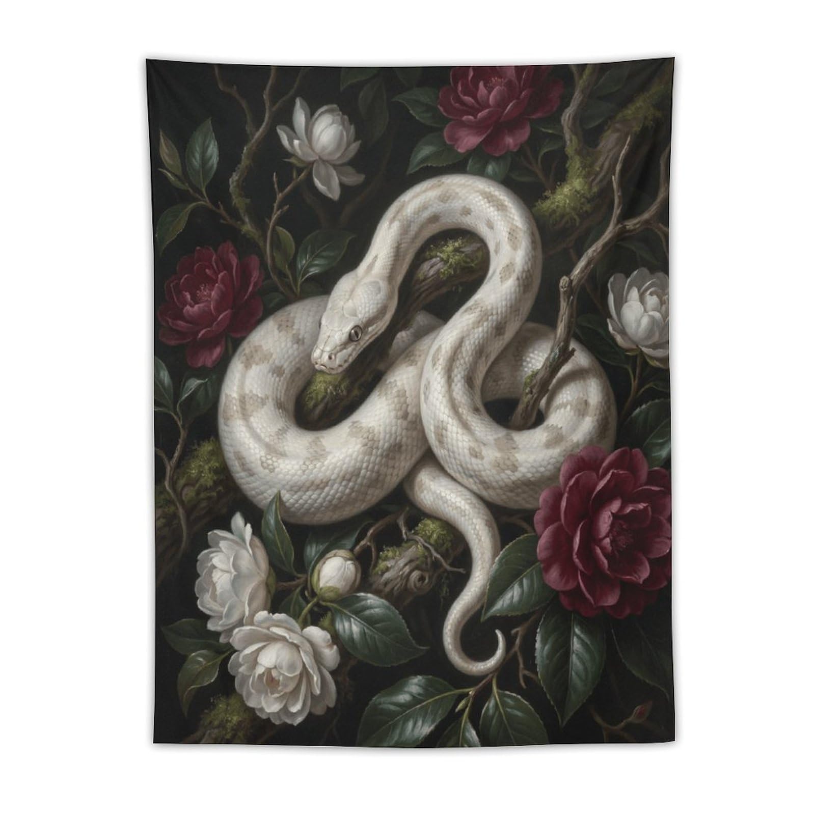 H3B8U2Y5 White Snake White Roses Wall Tapestry, Realistic Illustration