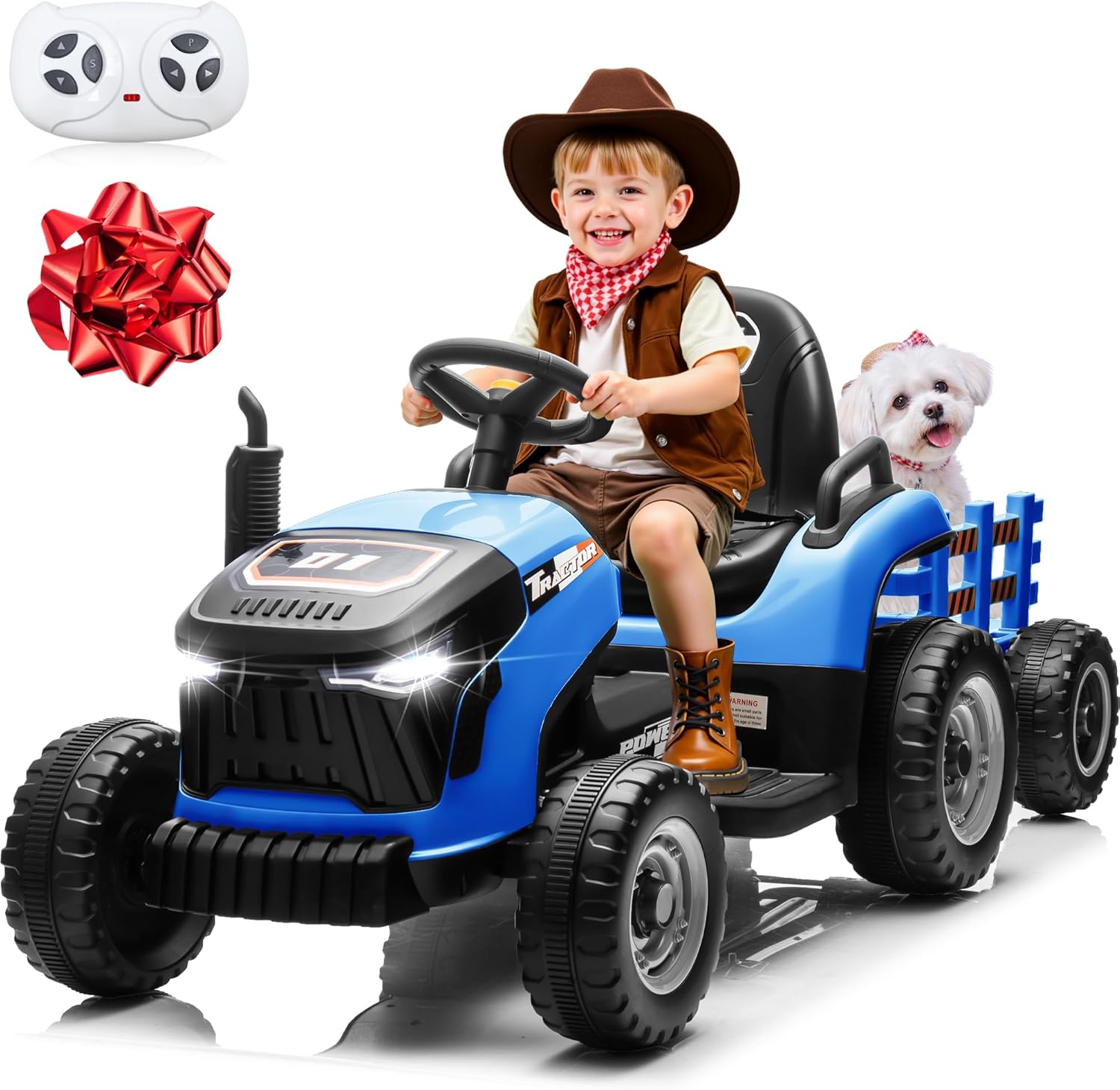 24V Kids Ride On Tractor w/400W Motors, 2-in-1 Power Tractor Wheels w/Remote Control, Tiltable & Detachable Trailer, Adjustable Seat, Music, 24Volt Ride On Toys Electric Tractor for Kids, Blue