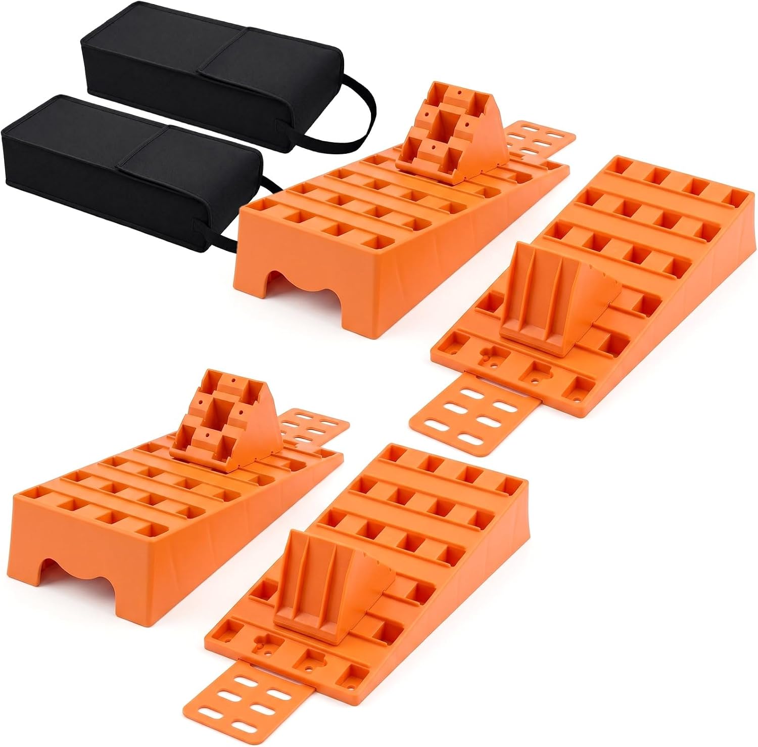 Pushglossy 4 Pcs RV Curved Leveling Blocks Heavy Duty Raised Tire Change Ramp for RV Travel Trailer Camper, Fits Dual Axle Tandem Wheel, Adjustable up to 3", with Non Slip Rubber Mat & Storage Bag