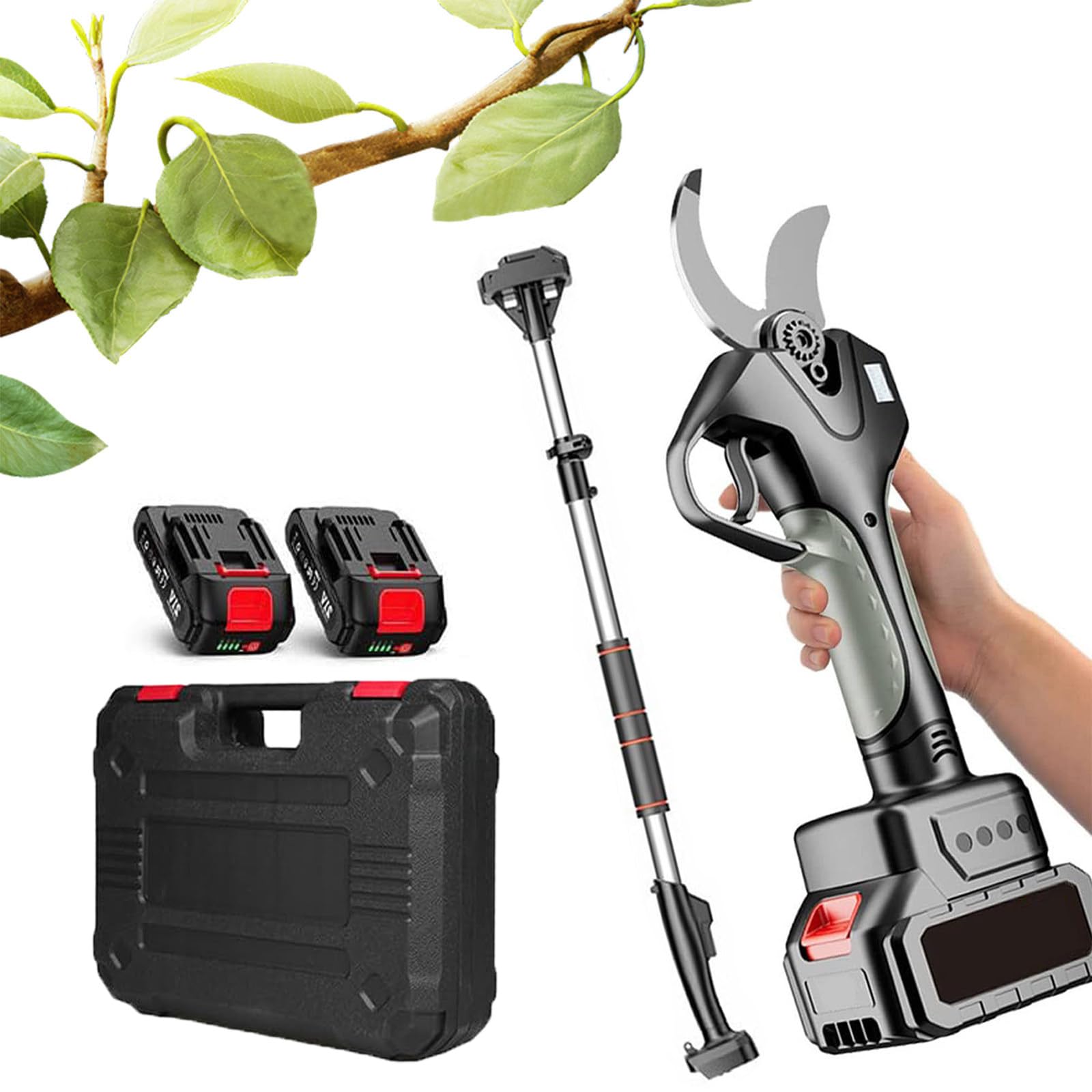 Tijeras de podar eléctricas, podadoras eléctricas de 2 Pulgadas de diámetro de Corte para jardinería, con baterías y Varilla de extensión de 7 pies de Alto Alcance,2*Batteries