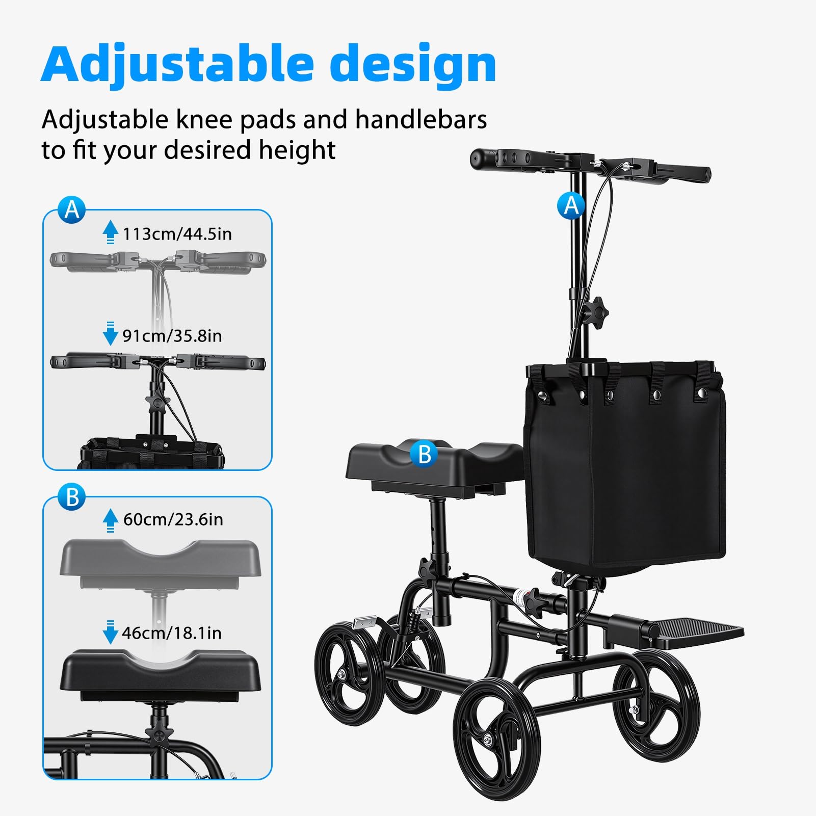 Patinete de rodilla para adultos, andador de rodilla para cirugía de pies, recuperación de lesiones de tobillo roto, acero al carbono, scooter médico, sistema de freno doble, muleta ligera