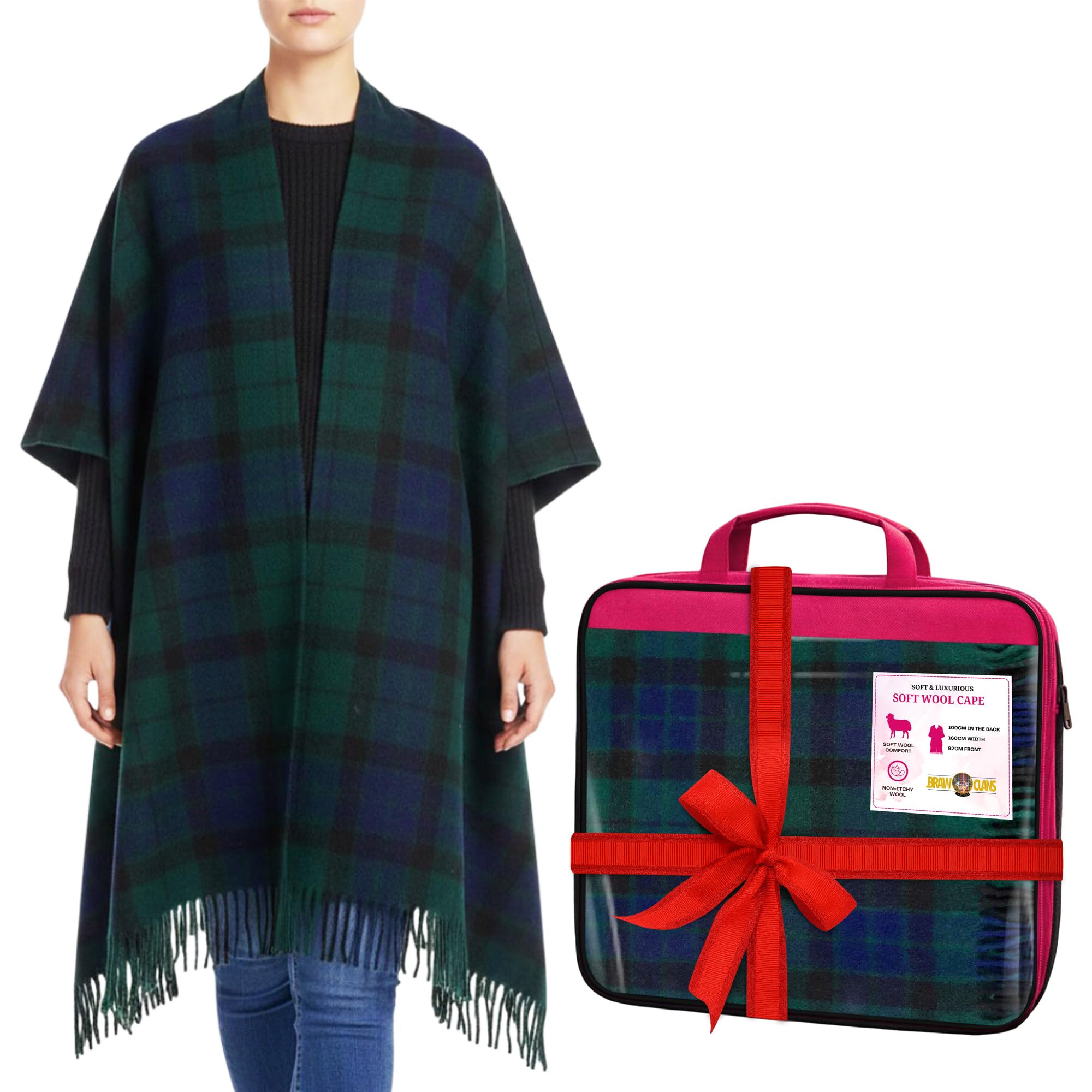 BRAW CLANS TARTANS Soft wool Tartan Poncho Blanket cape made in Scotland - Ruana cloak style - full body shawl - Mothers day Gift - Home, Travel, Camping - Mackay Tartan
