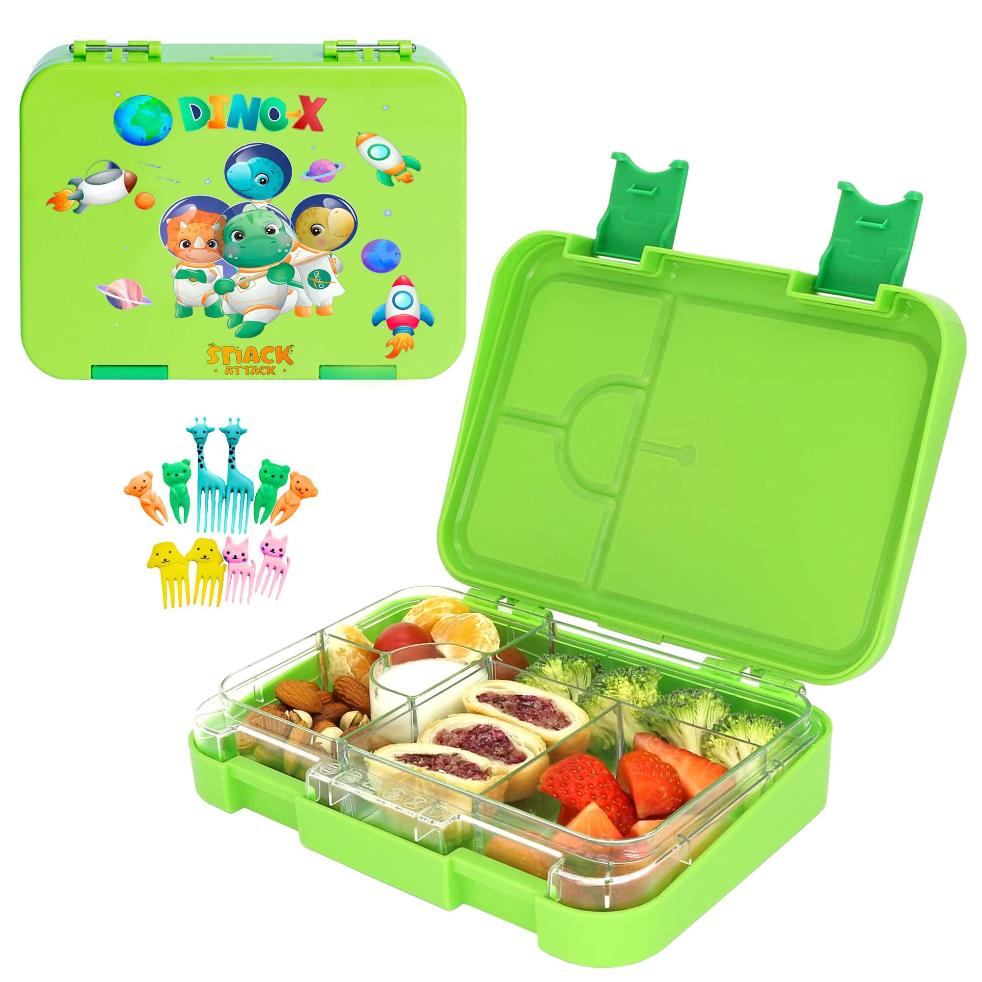 Snack AttackBento Box or Lunch Box for Kids 4 & 6 Conertible Compartments | Portion Lunch Box | Food Graded Materials BPA FREE & LEAK PROOF| Made of Triton (Dino X Green)