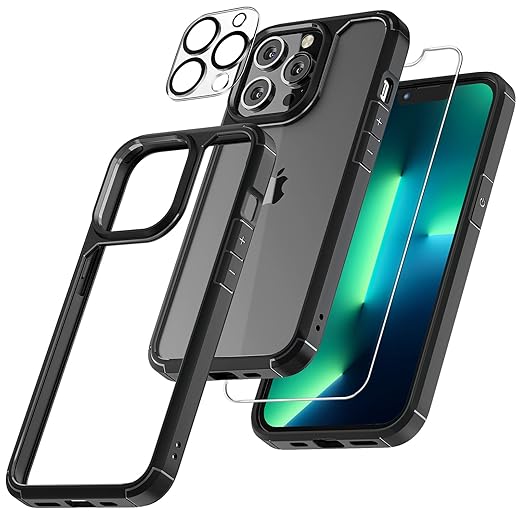 TAURI [5 in 1 Designed for 13 Pro Max Case, [Not-Yellowing] with 2X Tempered Glass Screen Protector + 2X Camera Lens Protector, [Military-Grade Drop Protection] Slim Phone Case 6.7 Inch Black