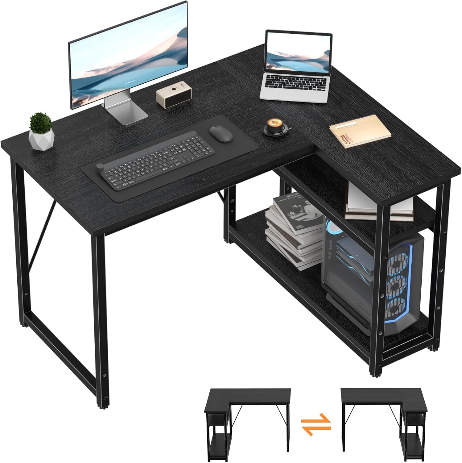 TRIUMPHKEY 100 * 80cm L Shaped Computer Desk with Reversible Large Storage Shelves Pure Black