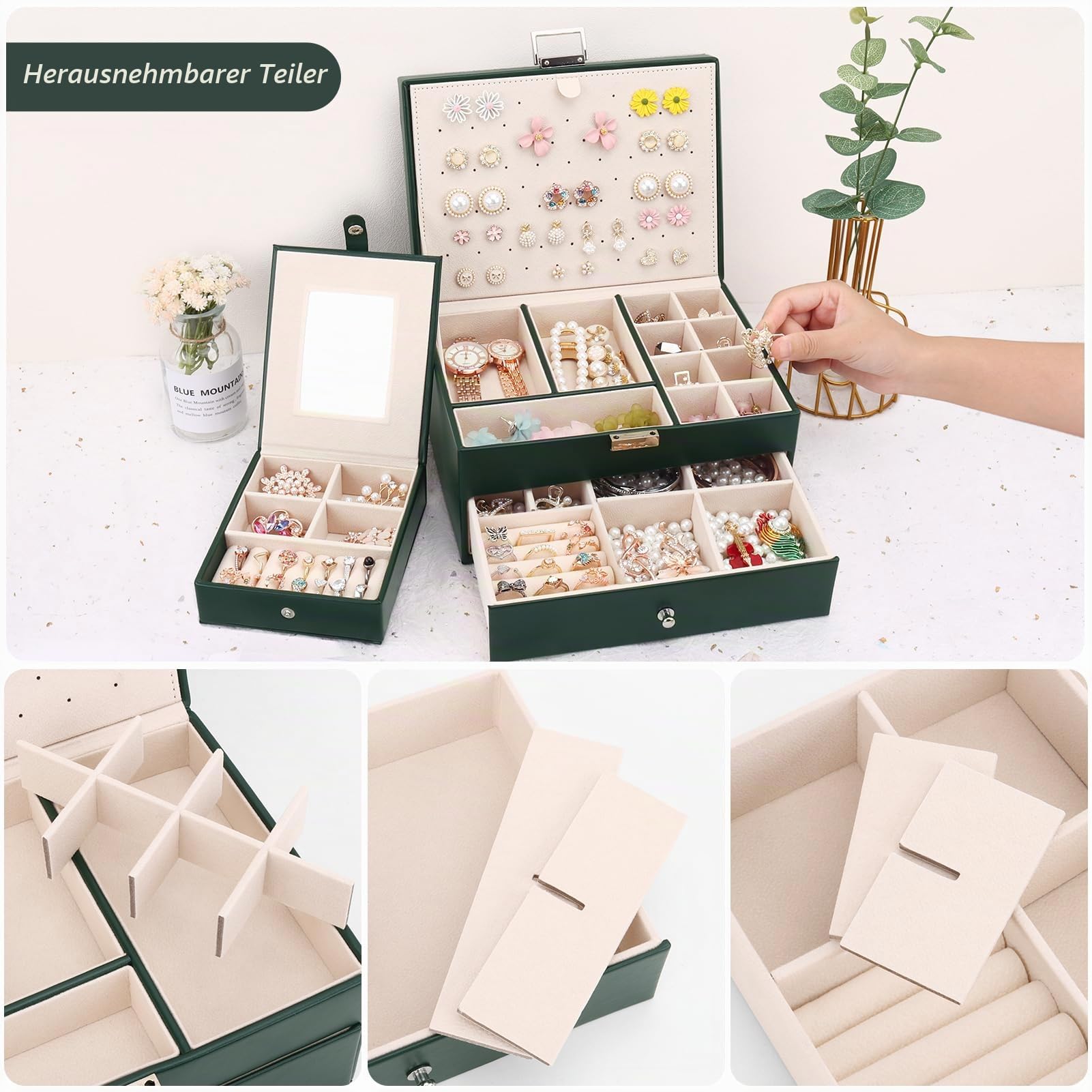 Schmuckkästchen mit 2 Ebenen mit Schubladen, Groß PU Leder Schmuckbox mit tragbarem Reise Schmuckkasten, Schmuckschatulle Damen Mädchen für Ringe, Ohrringe, Armbänder, Halsketten, Dunkelgrün