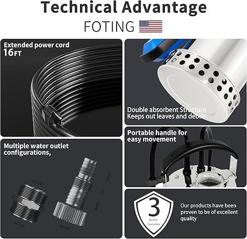 Miniatura 8 de FOTING Bomba de sumidero de acero inoxidable 304 completa con interruptor de flotador, bomba de agua sumergible automática de 1 HP 4600 GPH,