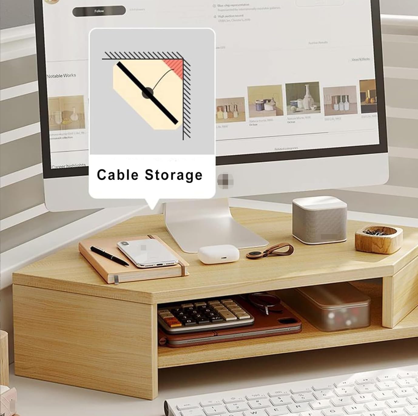 Support d'angle pour moniteur, double couche en bois pour bureau en forme de L, support d'angle pour ordinateur portable avec fentes pour économiser de l'espace