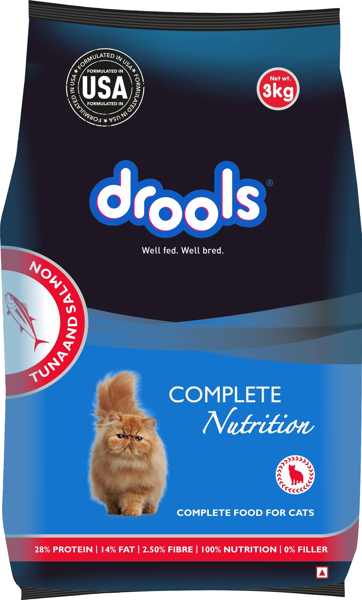 Drools Dry Cat Food Tuna and Salmon, 3kg | 100% Nutritious Diet With Real Fish, Hairball Control, Taurine For Heart & Vision, Omega 3 & 6 For Skin & Coat, Supports Digestion & Immunity