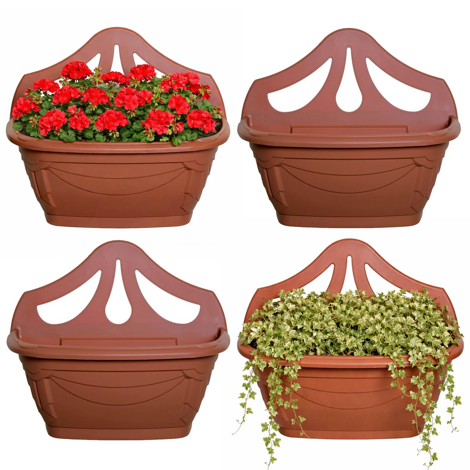 UNIQUE HOME LIVING 42cm Plant Pots Set of 4 Wall Hanging Plastic Planter with Drainage Holes, Decorative Venetian Design Flower Pots for Indoor Outdoor Garden Houseplant, 4 Litres (Terracotta)