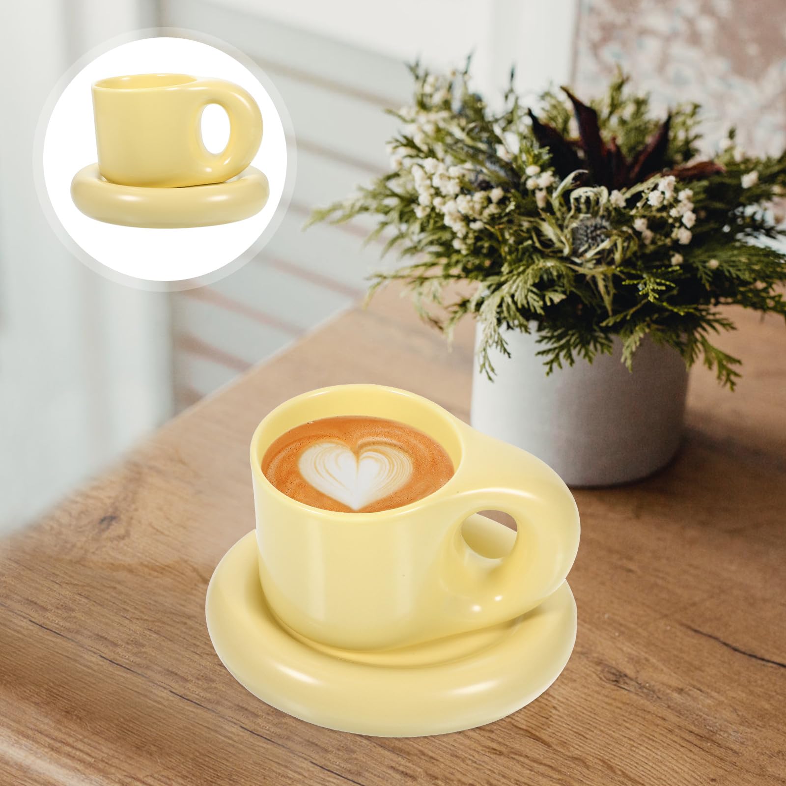 Kaffeebecher Gelber Kaffeehalter 300ml Keramik Satz mit Untertasse Ästhetisch und Grate für Heiße Getränke für Büro und Zuhause