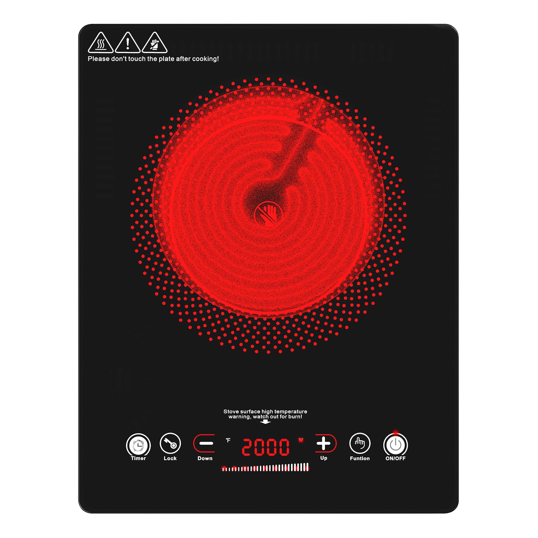 VBGK Double Electric Hob, 220V 3520W Ceramic Hob with Handle, Electric Hot Plate with 9 Power Levels, Child Safety Lock, Timer,Knob and Touch Control, 2 Burner Cooktop — view 10