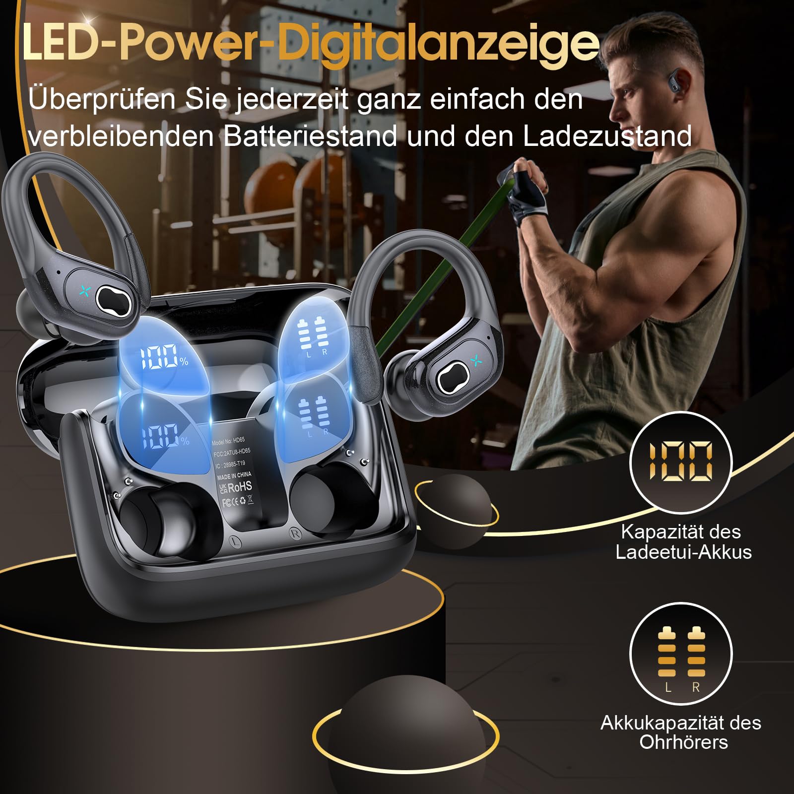 Aptkdoe Cuffie Bluetooth 5.4 Sport 75H Antirumore ENC e 4 Mics con App Nero | Cuffie In Ear con Ricarica Rapida USB-C, Display LED Auricolari Bluetooth IP7 Impermeabili, Cuffie Senza Fili Corsa Running