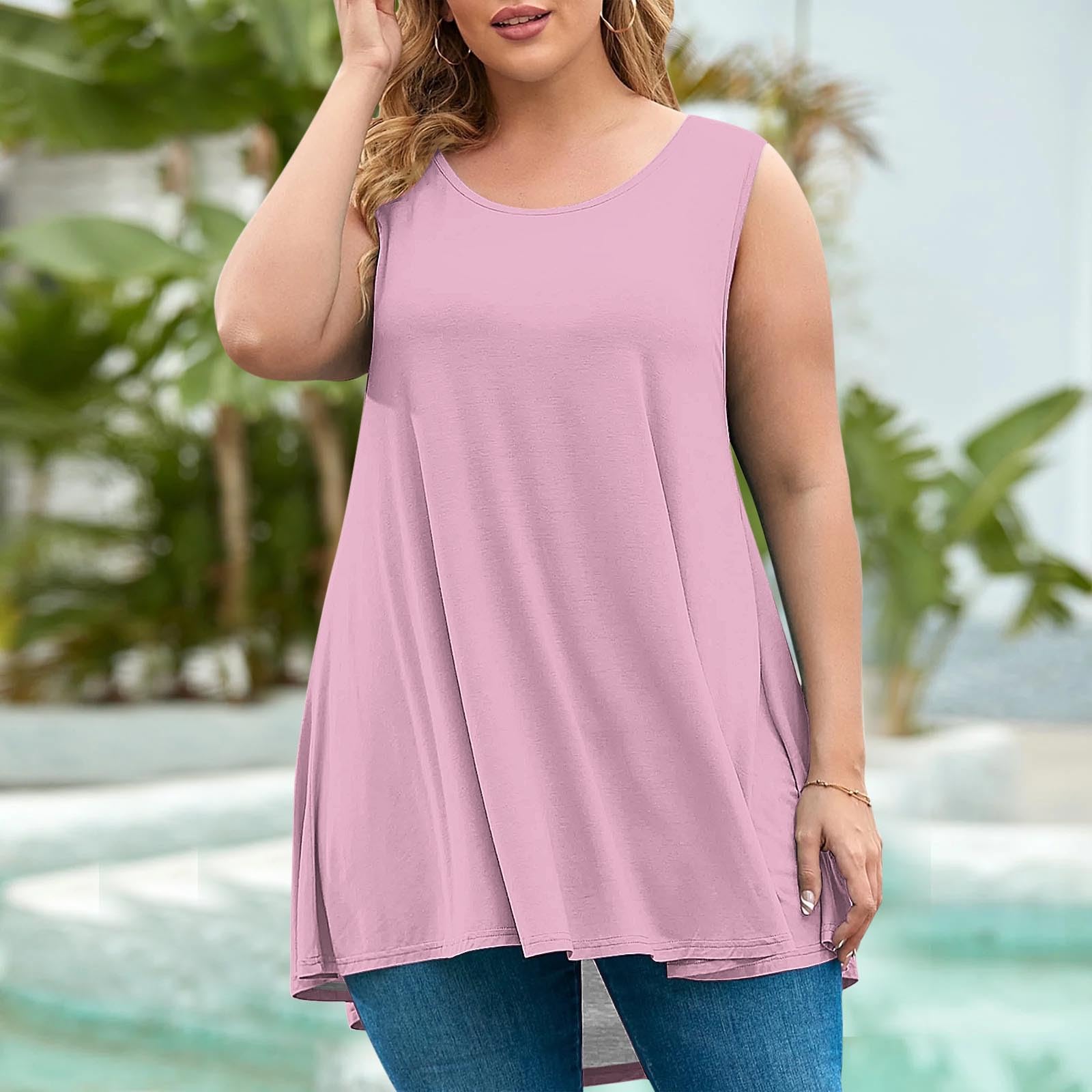 Womens Plus Size Tunic Tops Loose Fit Summer Casual Shirts Sleeveless Crewneck Flowy Blouses Wide Strap Camisole - 3