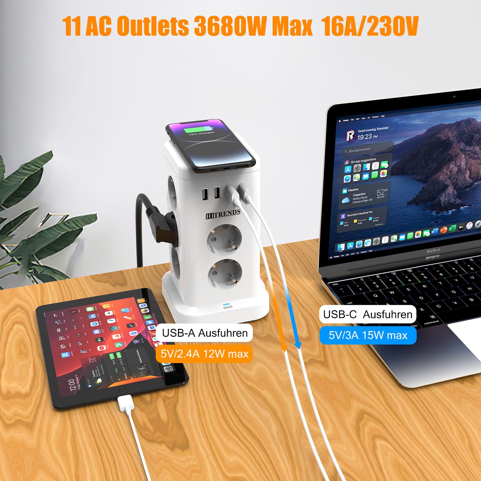 Tour de Prises 11 avec Chargeur sans Fil | Protection Contre Les Surtensions et Interrupteur | 3680W Max (16A) | 11 Prises EU + 4 Ports USB | Câble d'alimentation 2m | pour Bureau, Maison | Blanc