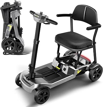 SCOOTNGO Mobility Scooters for Seniors & Adults, 4 Wheel Foldable Lightweight Airline Approved, Dual Removable Batteries, Portable for Travel, No Assembly Needed Silver Grey, Classic