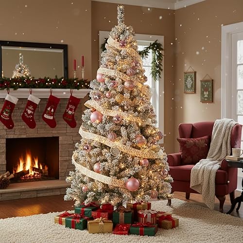 7FT Prelit Snow Flocked Artificiall Christmas Tree, Fire-Resistant Premium Hinged Xmas Tree with 1200 PVC Branch Tips and Warm White Light Metal Stand for Home, Office, Party Decoration