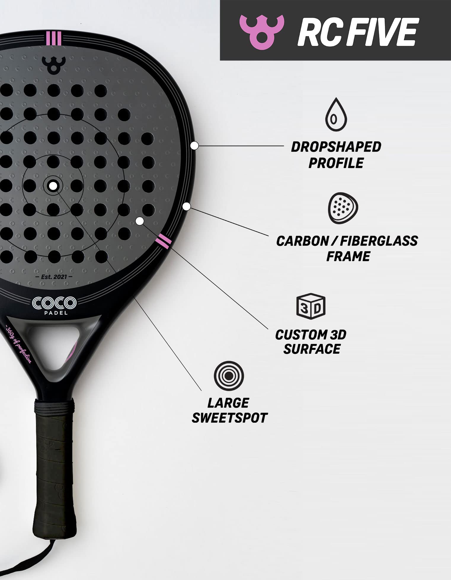 RC Five Raquette de Padel | Surface Carbone 3K | Noyau EVA Soft | Cadre Fibre de Verre & Carbone | Contrôle & Puissance | Niveau Confirmé | Goutte d'eau | Noir & Rose