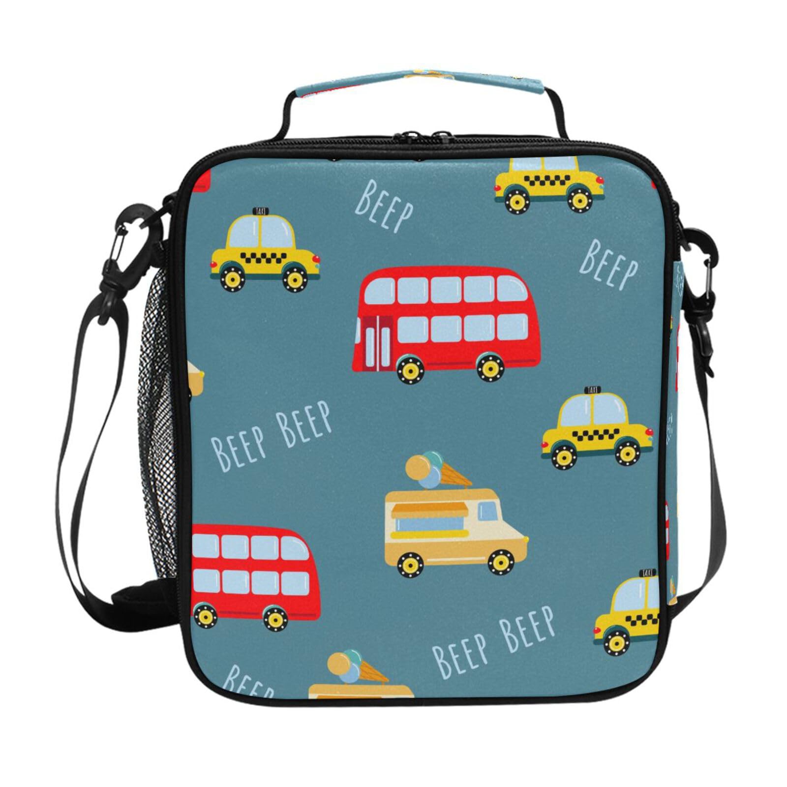Mnsruu Childish Bus Taxi Cute Car Lunch Bags Insulated School Lunch Bag for Kids Boys Girls Toddler Reusable Lunch Box Thermal Cooler Bag Tote Bag Shoulder Strap