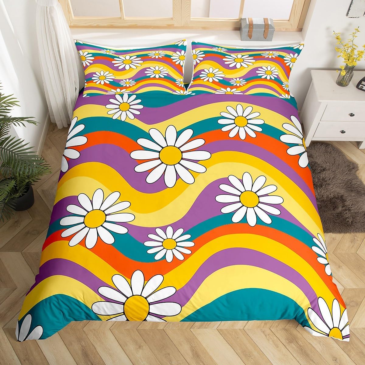 Feelyou Groovy Flower Comforter Cover 60S 70S 80S Hippie Flowers Bohemian Bedding Set Retro Floral Boho Duvet Cover for Children Kids Boys Girls Microfiber Bedspread Cover Room Decor Bedclothes Queen