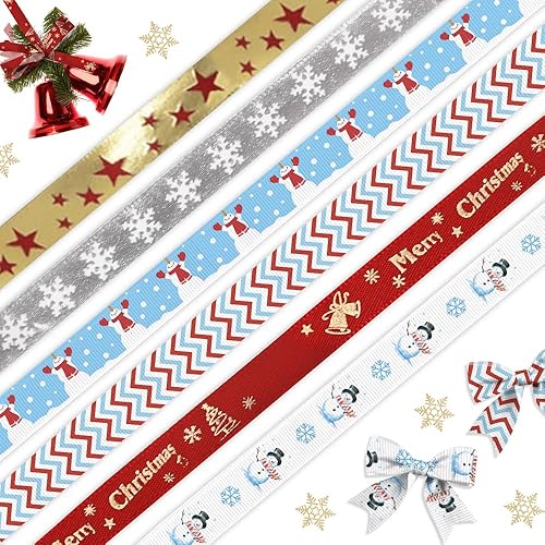 6 cintas de grogrén de Navidad de 38 pulgadas con palabras de Feliz Navidad, cintas decorativas de 5 yardas, muñeco de nieve de Navidad, estrellas