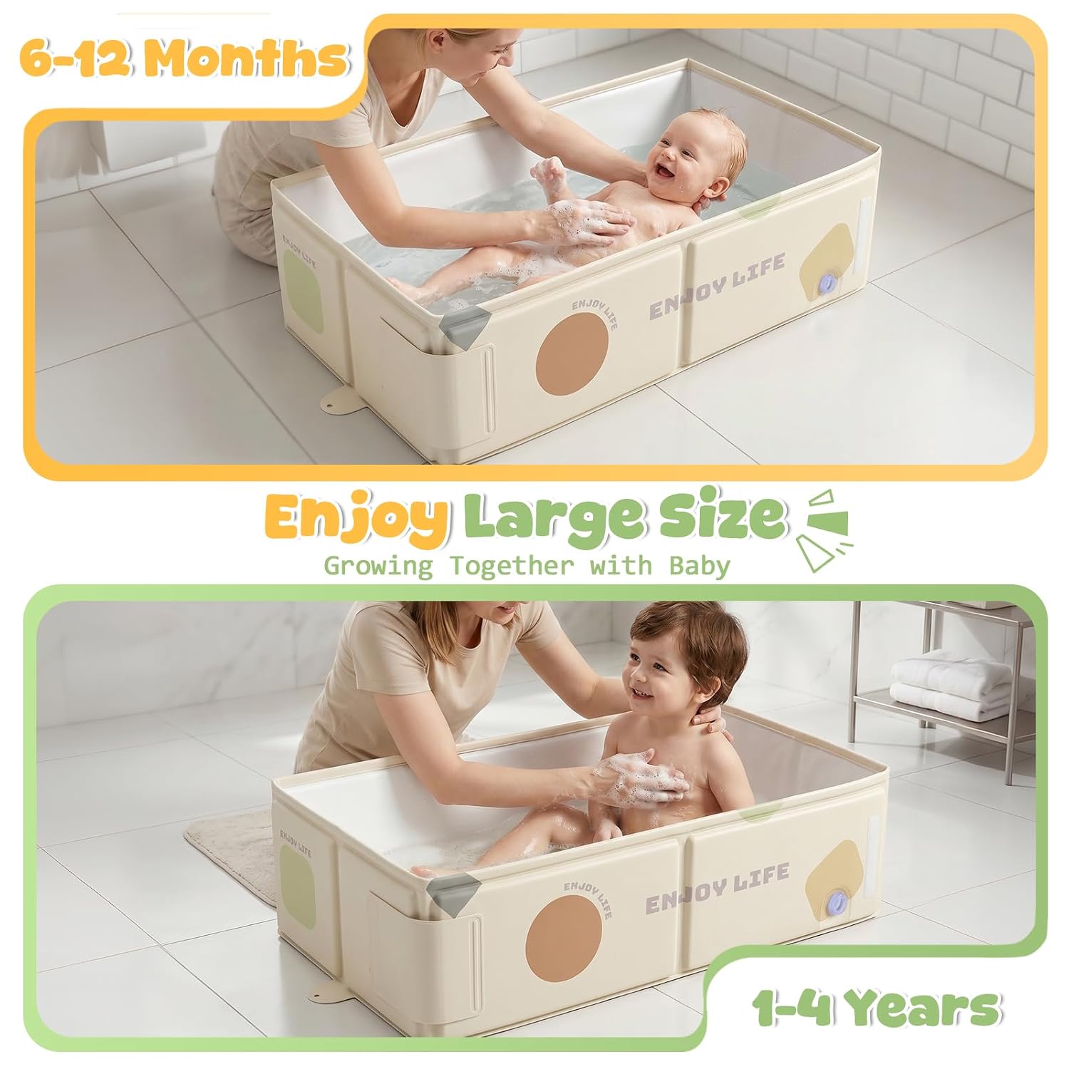 Orzbow Toddler Bathtub, Collapsible Baby Bathtub with Temperature Sticker, Portable Baby Bath Tub for Infant 6 Months+, Easy to Clean, Stable & Durable, Folds to Store, Travel Essentials, White