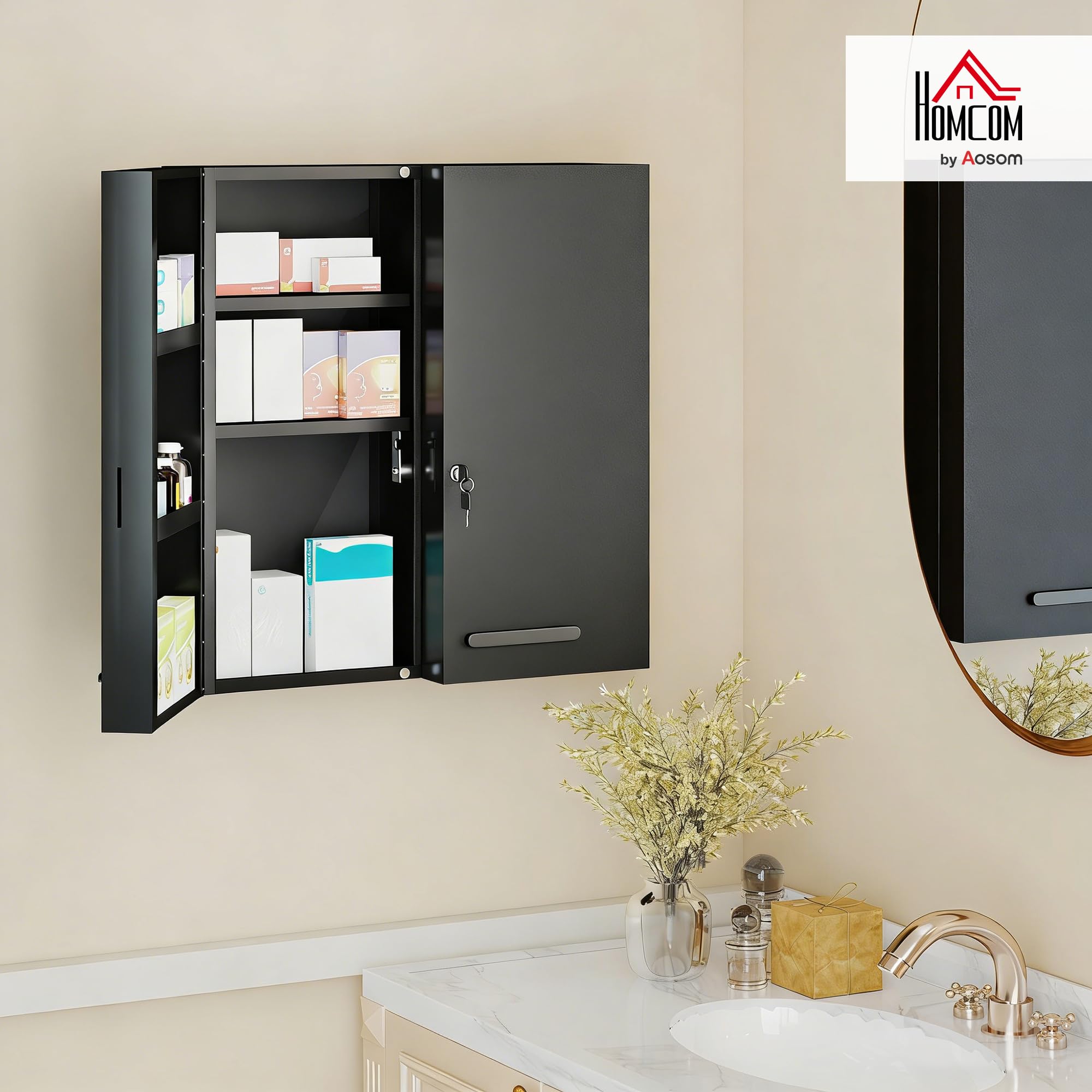kleankin Armoire à Pharmacie Verrouillable 2 Portes 55x18x60cm Noir